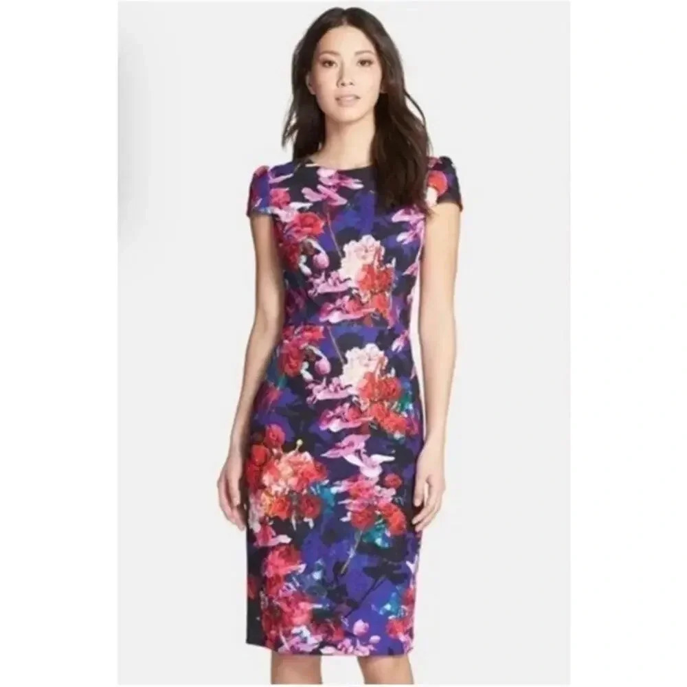 Betsey Johnson Sheath Floral Dress Sz 4 Cocktail Short Cap Sleeve Multicolor